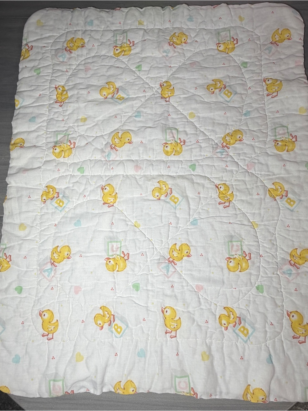 Vintage Baby Quilt Comforter Yellow Duck ABC Blocks Pastel Nursery Crib Blanket